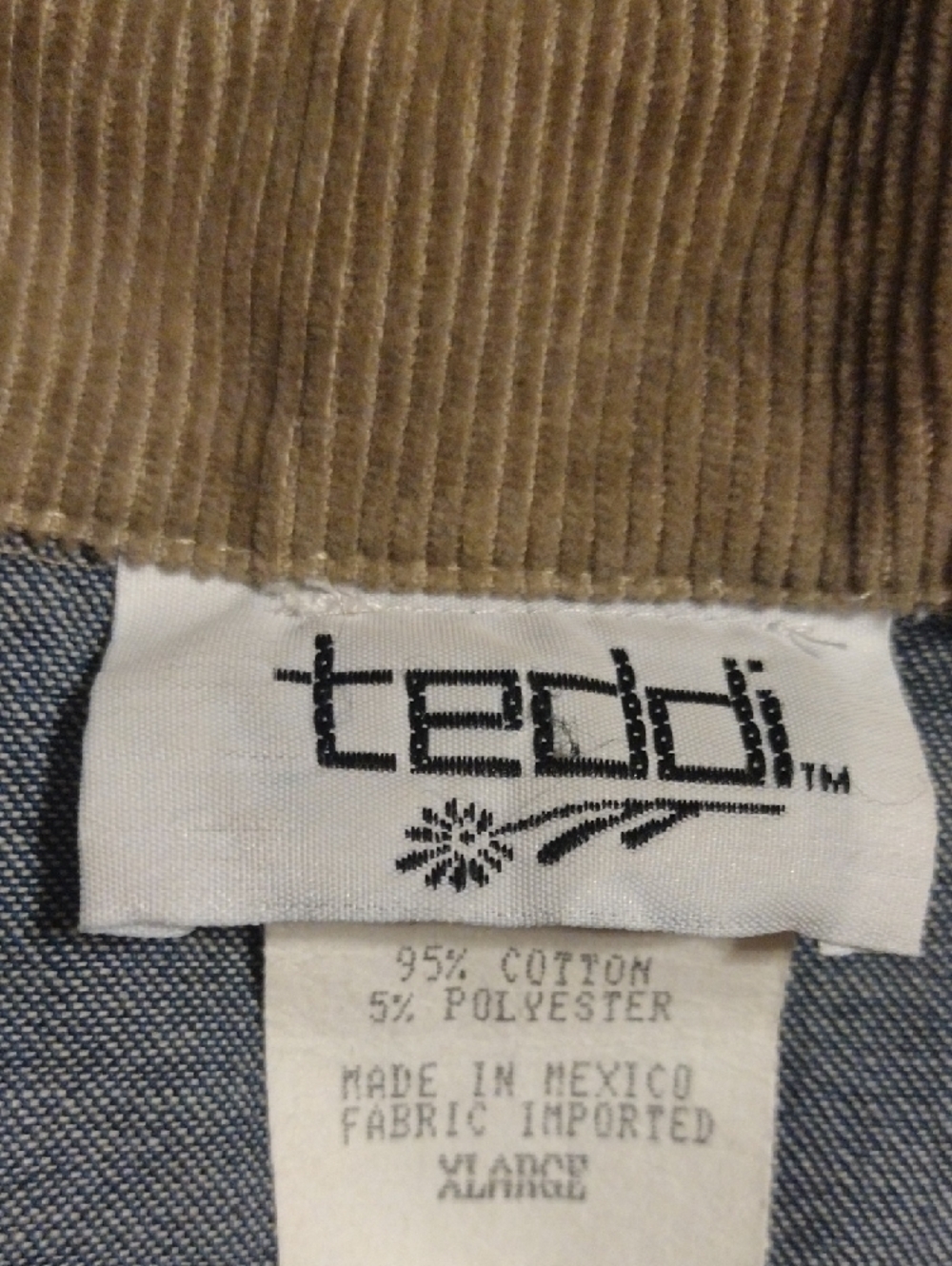 Vintage Teddi Blue Denim Jacket with Tan Corduroy Collar and Red Stitching - Picture 2 of 14